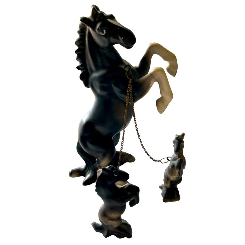 Chase Figurines Horse & Foals Standing On Hind Legs Ceramic Vintage Black Cream